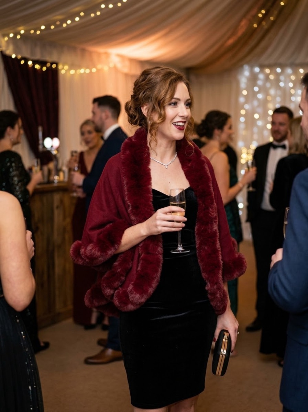 Elegant Burgundy Faux Fur Evening Jacket for Women